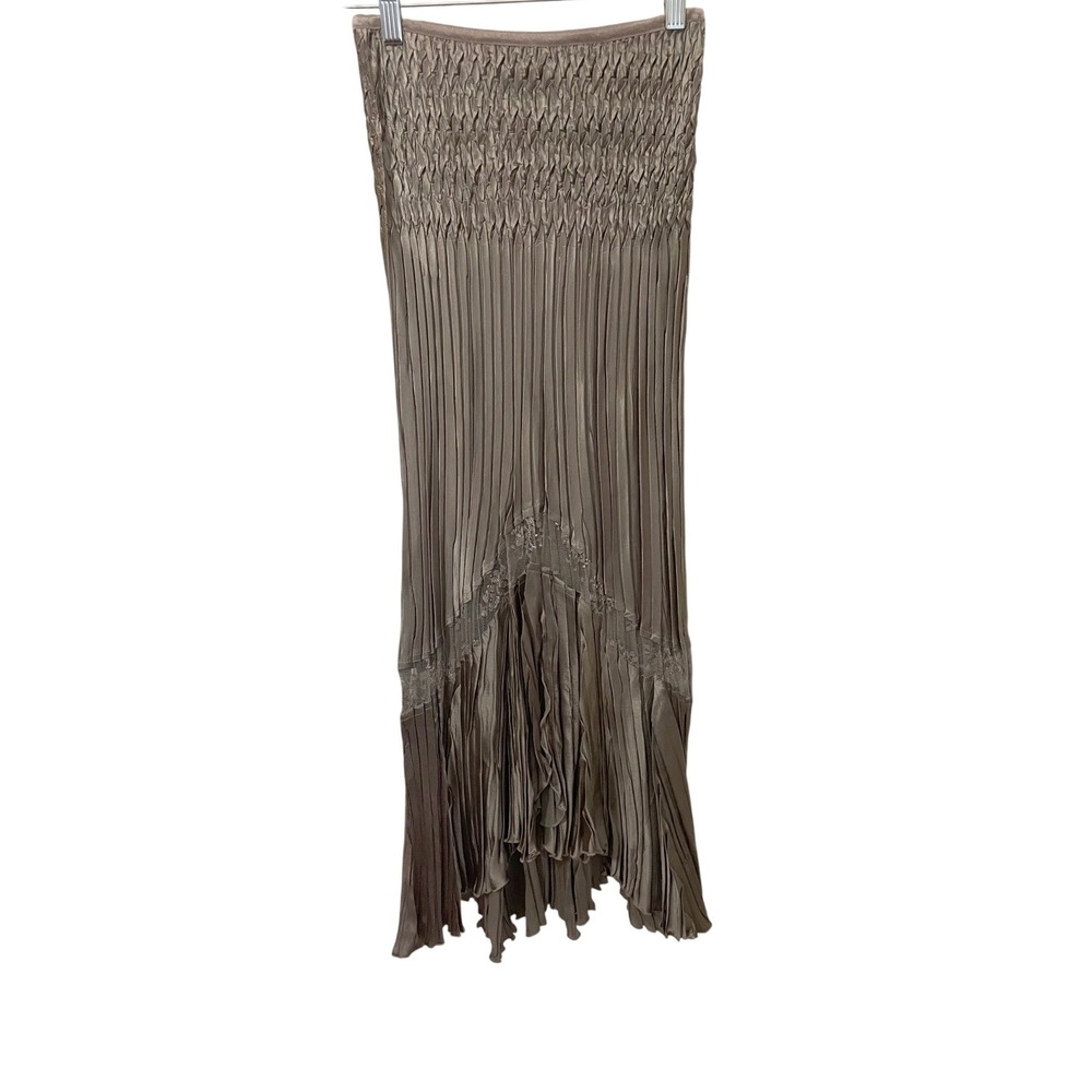 Komarov Taupe Bronze Pleated Lace Inset Maxi Skirt Size M Fairy Elegant Artsy